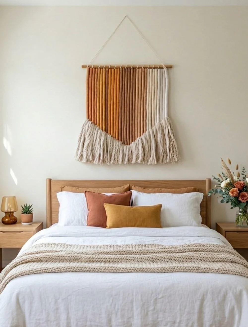 NEW Macrame Hanging Wall Decor Artwork Cotton Ivory Rusted Orange 24